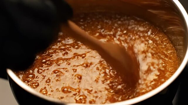 Close-up of Hand Stirring Bubbling Caramel in Slow Motion