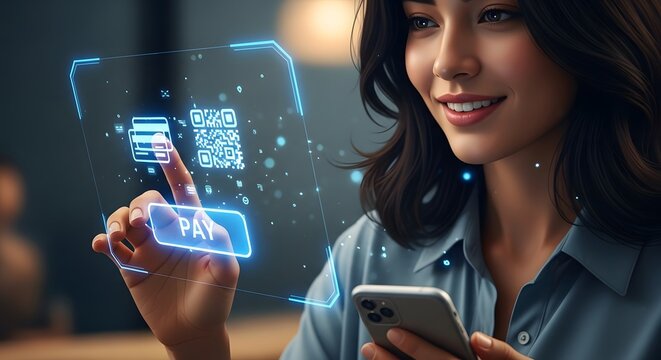 Close-up of a smiling young woman interacting with a futuristic interface on her smartphone in a modern indoor setting with a tech-savvy mood.