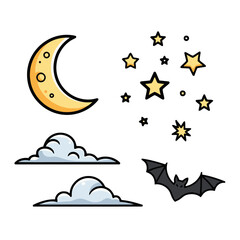 Cute cartoon crescent moon, stars, clouds, and bat flying at night