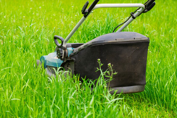 Closeup of blue electric lawn mower cutting fresh green grass. A moment of lawn care, emphasizing the care of the yard and garden tools.