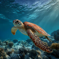 Obraz premium Sea Turtle Swimming Gracefully Underwater in a Coral Reef Ecosystem