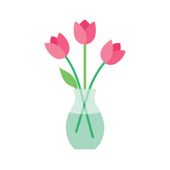 flat color vector of a glass vase with pink tulips