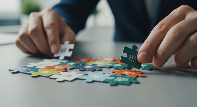 Hands assembling puzzle pieces symbolizing niche market components representing strategic alignment of resources to conquer niche sectors rapidly and efficiently.