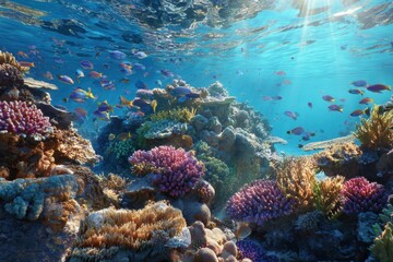 Obraz premium Underwater view of a vibrant coral reef ecosystem teeming with colorful fish in clear blue waters during a sunny day