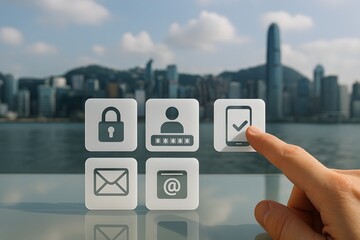 Cybersecurity concept with various icons being interacted. 