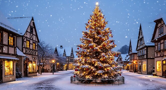 Illustration of a beautifully decorated christmas tree stands in a snowy village square, with warm lights glowing from the houses