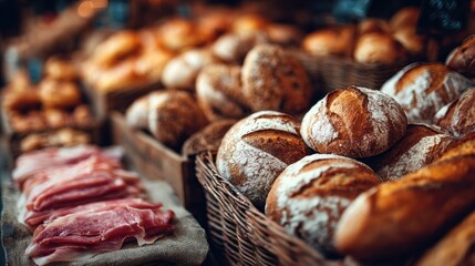 Artisan Bread and Cured Meats Displayed at a Gourmet Food Market