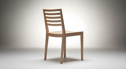 A wooden chair with horizontal slats on the backrest stands alone in a brightly lit room with a gradient background.