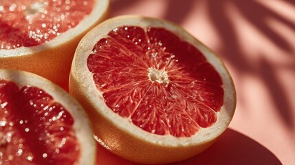 Vibrant grapefruit halves on a warm background with botanical shadows