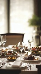 decadence. Lavish dining table with gourmet dishes and a single place setting. menu design, packaging mockups, designed for culinary blogs and recipe cards for restaurants.