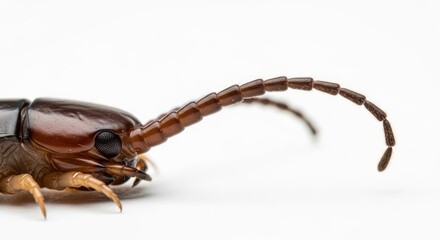 Detailed close-up of a centipede's head showcasing its segmented antennae and compound eye structure