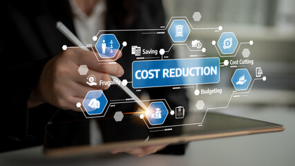 A business professional demonstrates a cost reduction concept using a tablet, featuring various icons related to savings, budgeting, and financial strategy in a modern workspace. Tessel