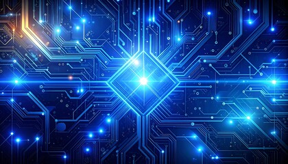 A detailed close-up view of a complex circuit board, highlighted by bright blue light and intricate patterns, showcasing a futuristic and technological aesthetic.