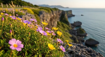 Coastal cliffside wildflowers in vibrant hues overlooking tranquil turquoise sea on a sunny day