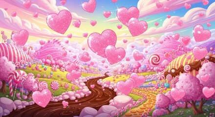 Whimsical candy land with floating hearts creating a vibrant and enchanting atmosphere