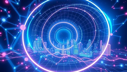 Abstract futuristic cityscape with neon lights and data stream tunnel