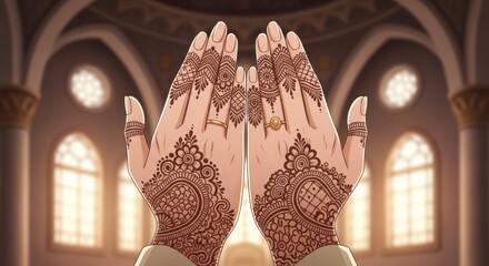 Intricate henna patterns adorn hands in serene interior space evoking tradition