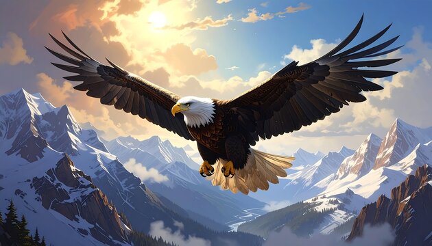 Majestic bald eagle soars above snow-capped mountain peaks, bathed in the golden light of a tranquil sunrise. - Powered by Adobe