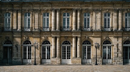 Fototapeta premium Stone building facade with arched windows and columns
