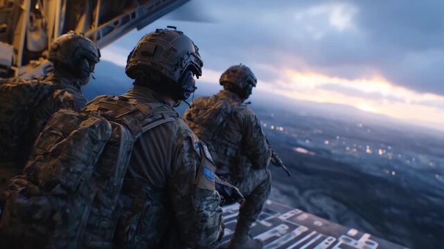 Dramatic dusk-lit scene of soldiers poised to jump from a ramp into the open sky, capturing tension and anticipation.