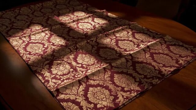 Top-down shot of ornate brocade fabric on wooden table with cinematic shadows