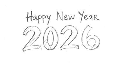 Naklejka premium Black and White Happy New Year 2026 text sketch greeting card sign background