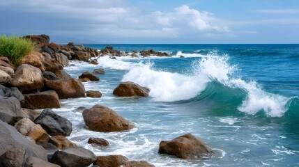Obraz premium Ocean wave crashing on a rugged rocky coast