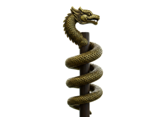 Dragon statue coiled around a pole, gold color, isolated on white background.