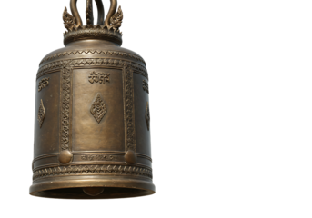 Close-up of a bronze bell with intricate designs and inscriptions.