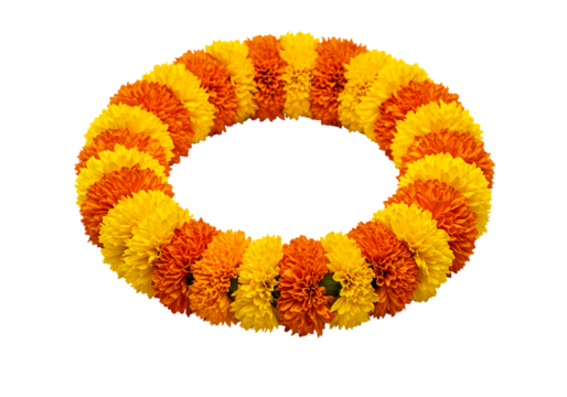 A garland of orange and yellow marigolds arranged in a circle on a white background.