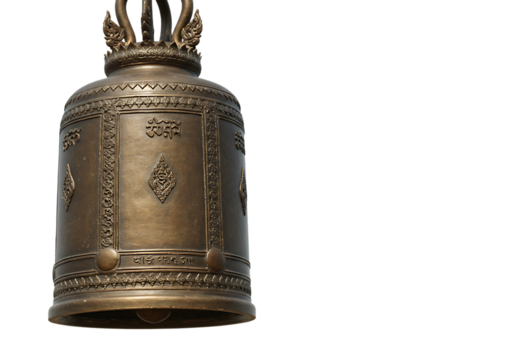 Close-up of a bronze bell with intricate designs and inscriptions.