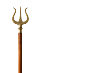 Close-up of a golden trident with a wooden handle on a white background.