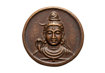 Embossed bronze coin featuring the Hindu god Shiva with a cobra around his neck.