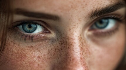 Captivating close up captures striking blue eyes with natural freckles, conveying deep emotion and authentic human beauty for diverse lifestyle and portrait projects