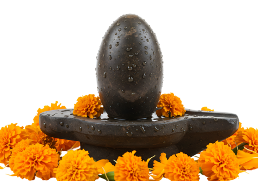 Shiva Lingam with marigold flowers on a white background.