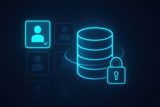 Cybersecurity illustration with glowing database padlock and user profiles symbolizing secure access and data safety
