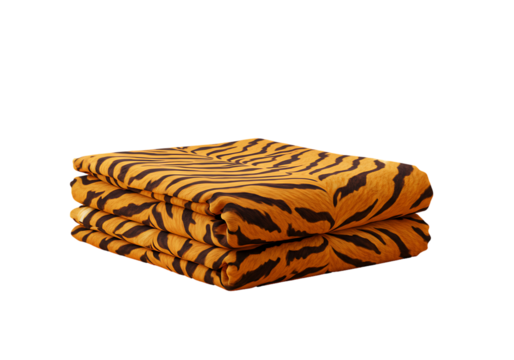Folded orange towel with black tiger stripes pattern on white background.