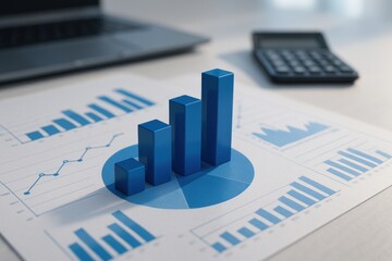 3d blue bar chart on financial report paper with graphs and calculator symbolizing business growth and analysis
