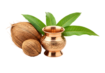 Auspicious Hindu ritual items: coconut, kalash, and mango leaves.