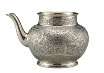 Ornate silver pitcher with floral and geometric patterns.