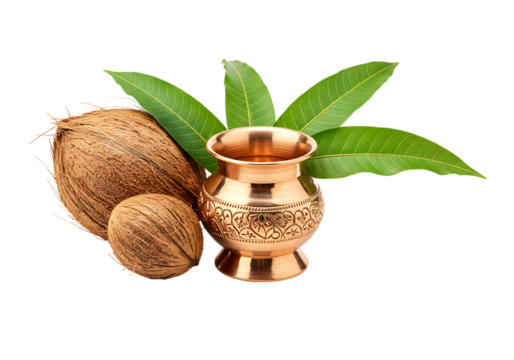 Auspicious Hindu ritual items: coconut, kalash, and mango leaves.