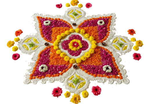 Colorful flower petal Rangoli design on a white background.