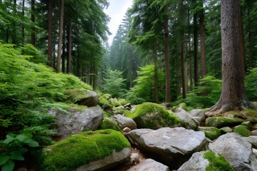 Fototapeta premium Green forest landscape with mossy rocks and tall trees