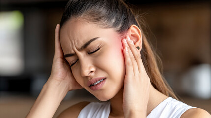 Naklejka premium A woman with a headache is holding her head