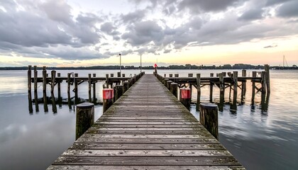 Obraz premium A tranquil wooden pier extends into a calm lake, reflecting the dramatic sky filled with clouds, casting a serene and peaceful ambiance.