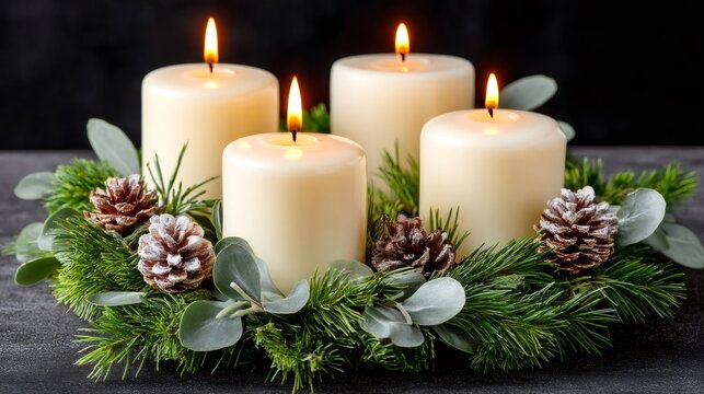 Advent wreath with four burning candles for Christmas