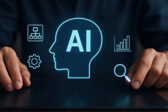 Hands using futuristic ai dashboard with glowing head icon charts and graphs for artificial intelligence analytics
