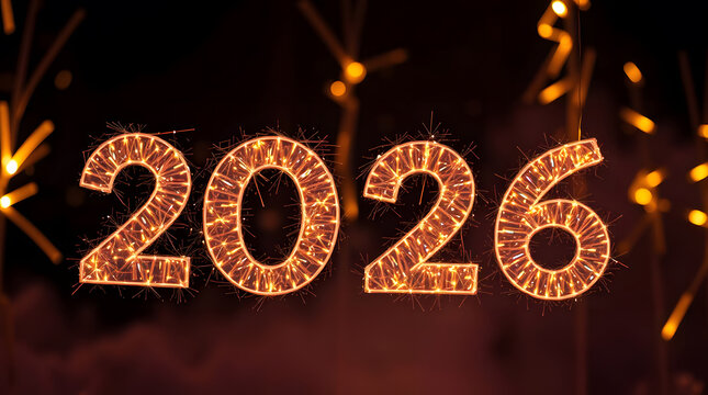 Glowing neon 3d Golden orange Happy New Year greeting 2026 black background