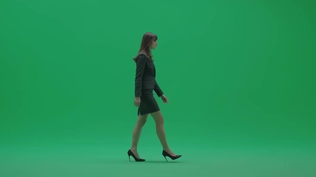 Professional businesswoman striding confidently across green screen background, demonstrating polished corporate style and seamless walking cycle for visual effects and compositing projects