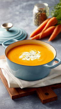 Carrot cream soup in blue pot with fresh carrots